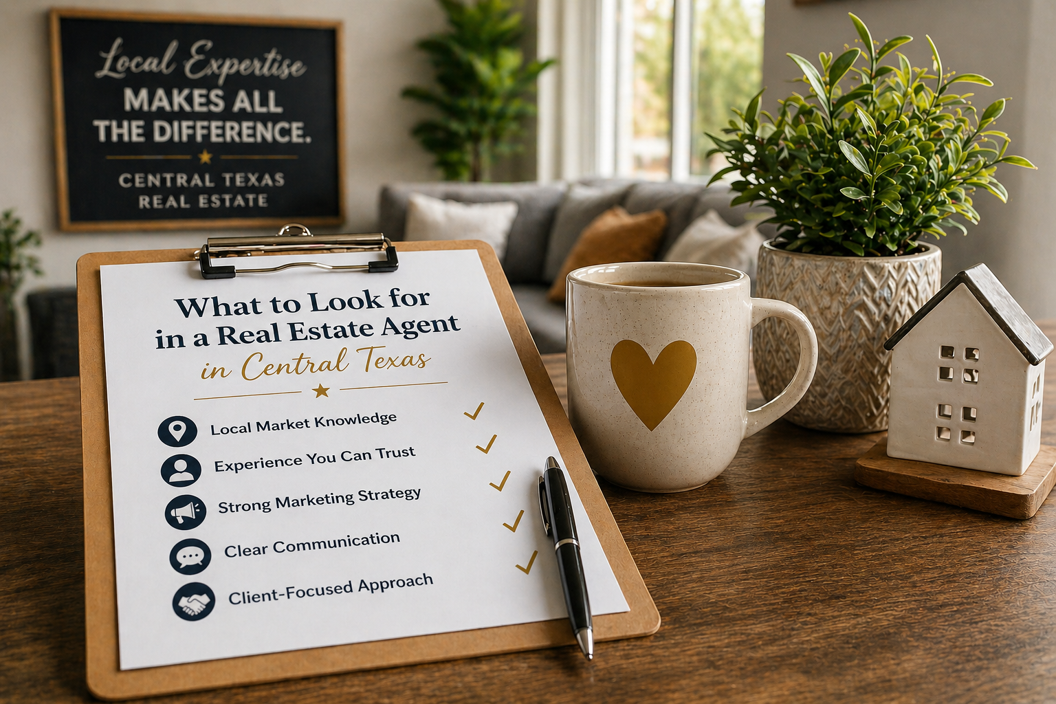 Checklist of what to look for in a real estate agent in Central Texas on a clean home office desk
