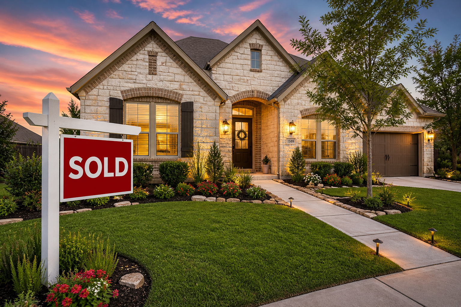 Georgetown Texas home with sold sign at sunset showing successful home sale after correct pricing strategy