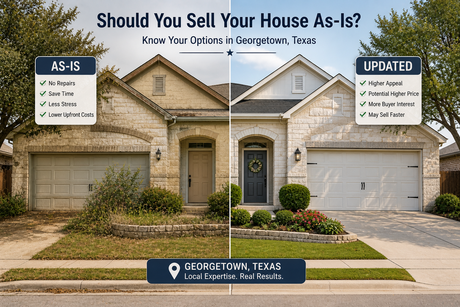 As-is vs updated home comparison in Georgetown Texas showing pros and cons of selling without repairs