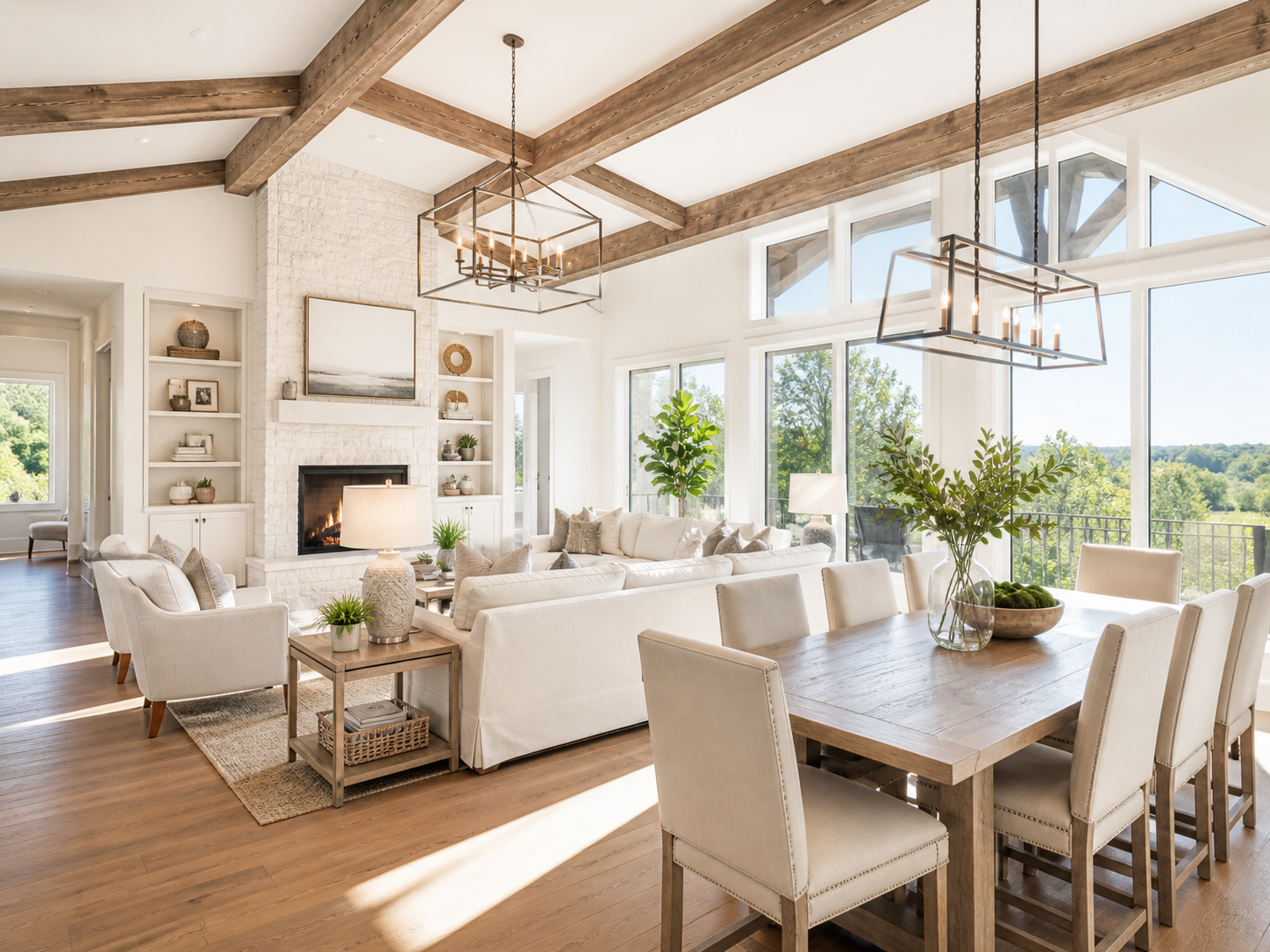 Bright open concept living and dining room in Georgetown Texas home with natural light and modern staging