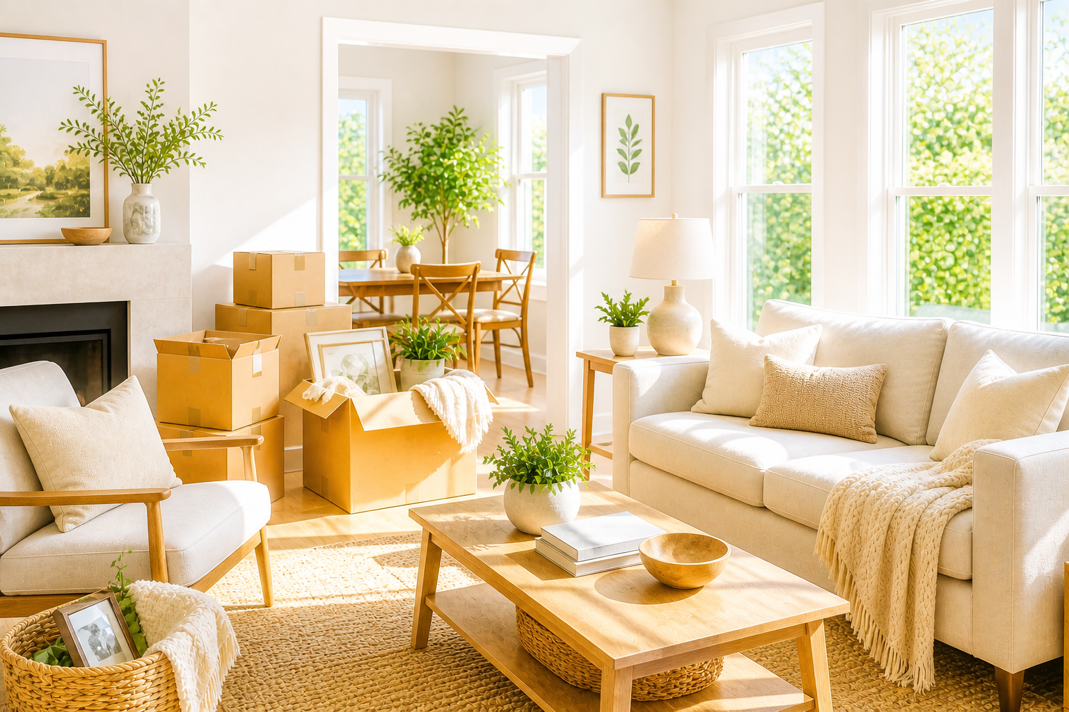 Bright, staged living room with moving boxes showing downsizing and preparing a home for sale in Central Texas