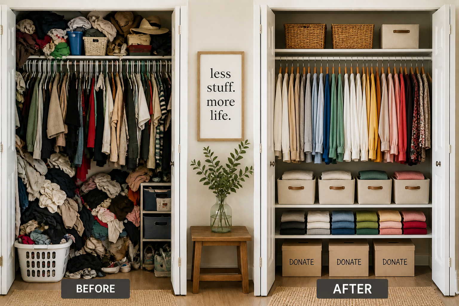 Before and after closet comparison showing cluttered space and organized wardrobe with labeled donate boxes in a Central Texas home