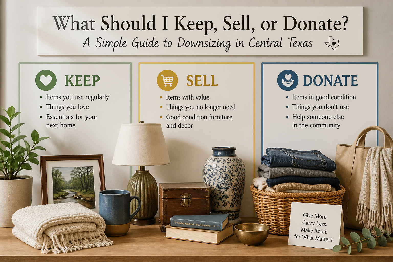Household items arranged in a Central Texas home representing keep sell and donate decisions during downsizing process