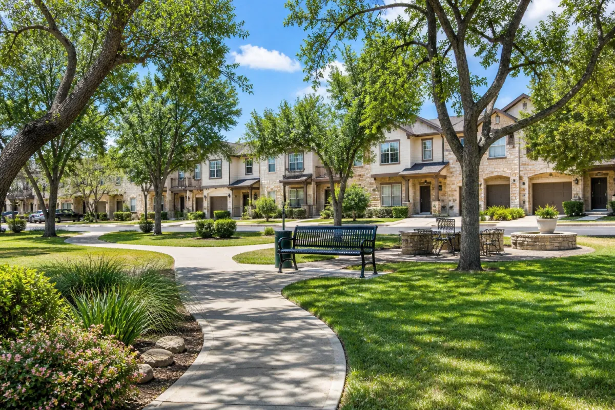 Central Texas townhouse community with park green space and walking path for downsizing lifestyle
