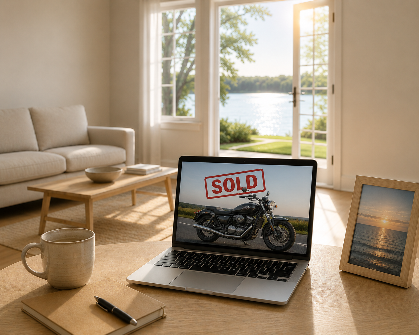 Minimal clean living room with sold motorcycle on laptop symbolizing freedom after downsizing