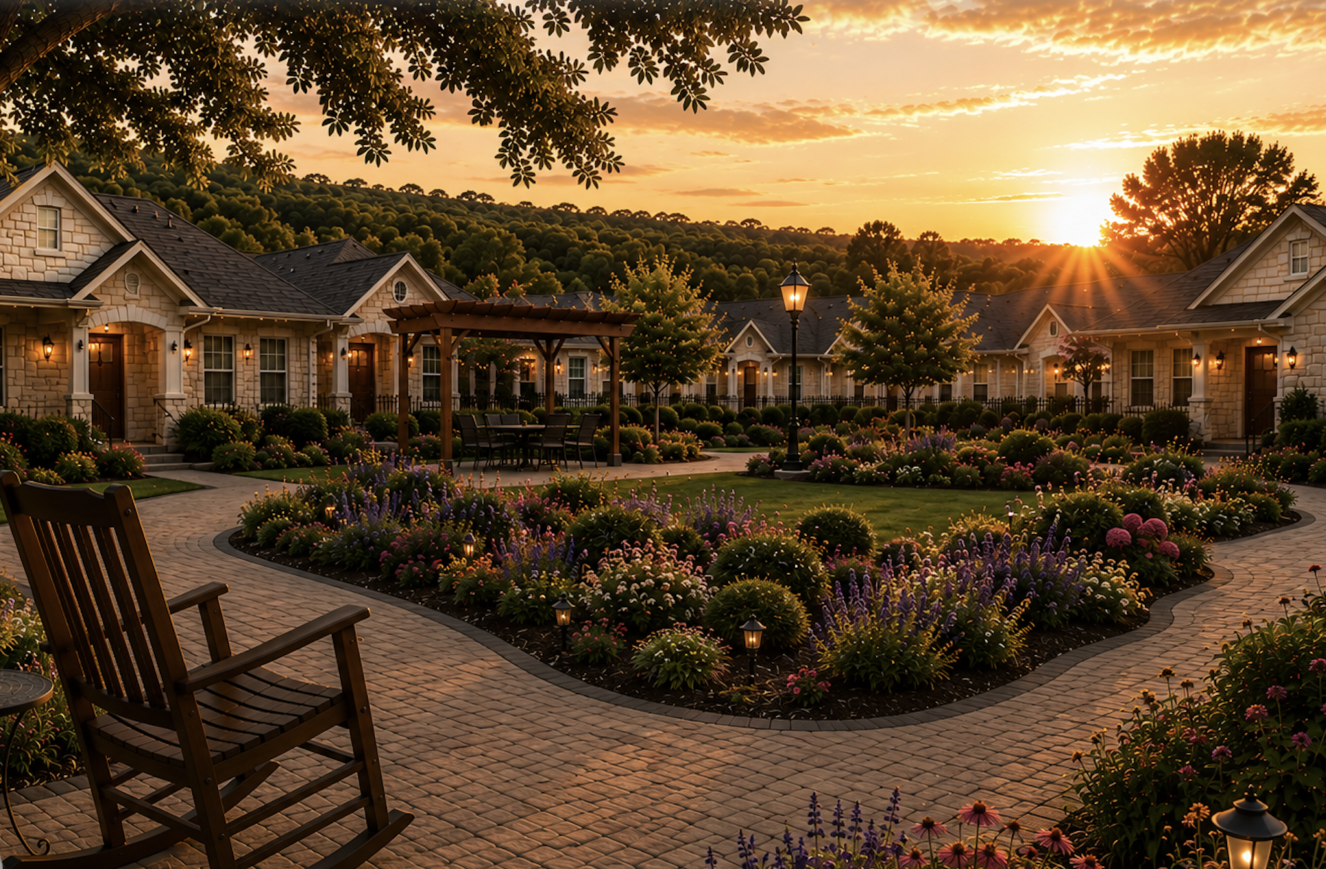 Peaceful senior community garden at sunset with rocking chair and low-maintenance patio homes