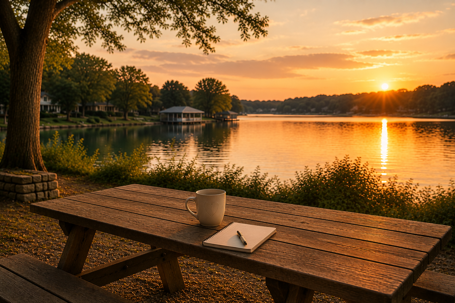 Peaceful Lakeside Sunset Reflecting Freedom and Simpler Living