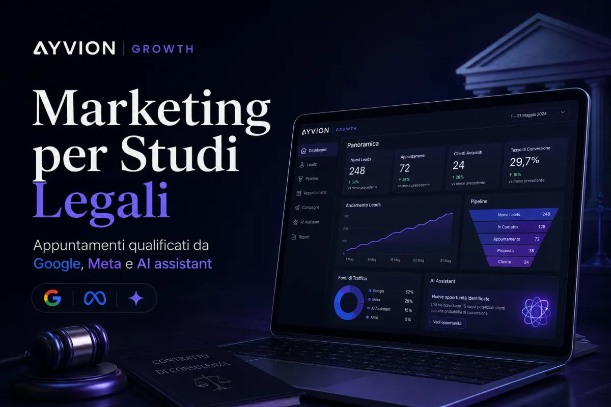 Copertina articolo AYVION Legal Growth System per marketing studi legali, Google, Meta e AI assistant
