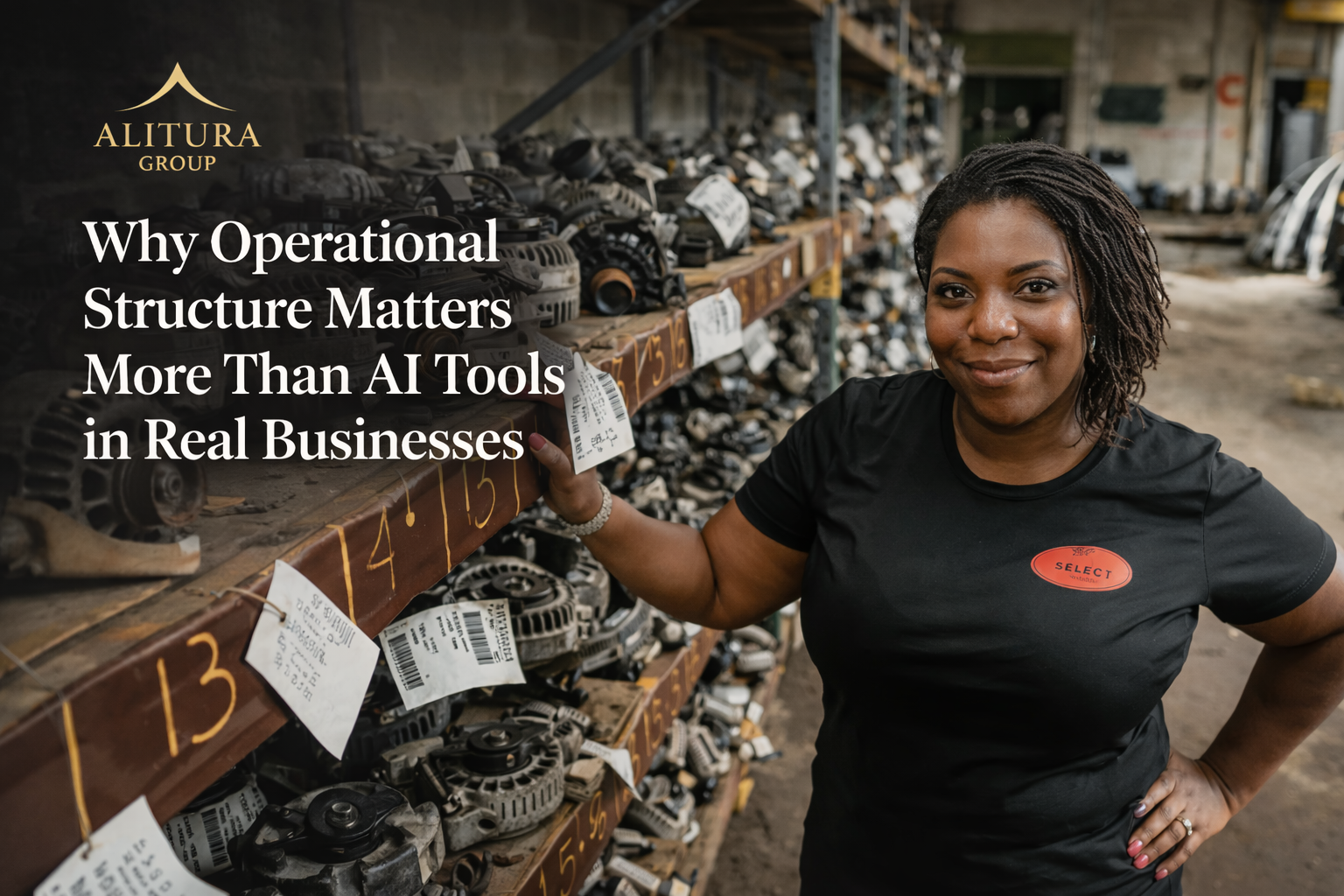 Natasha Broxton standing inside an automotive recycling facility surrounded by organized vehicle inventory and parts, representing real operational systems and structure