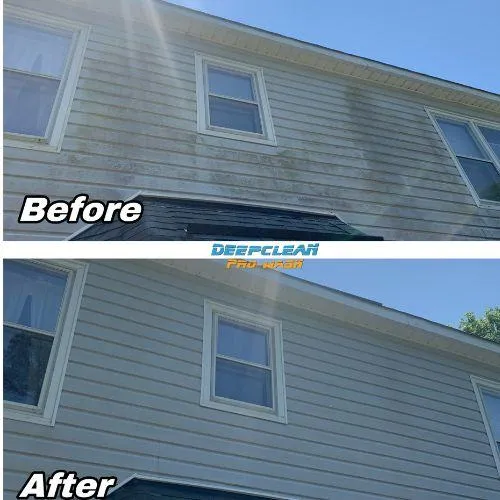 Before and after house washing showing algae and dirt removal from residential siding in Raleigh, NC.