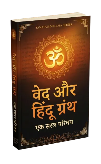 A luxurious mockup of a beautifully bound Vedic eBook floating elegantly with gold foil accents