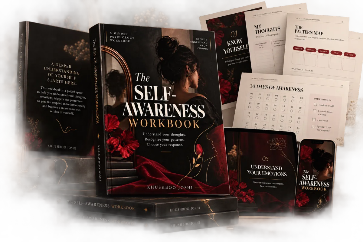 Luxury hardcover mockup of The Self-Awareness Workbook with rich paper texture and gold foil accents against dark editorial background