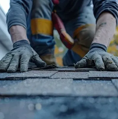 Image of Roofer inspecting roof for damage.