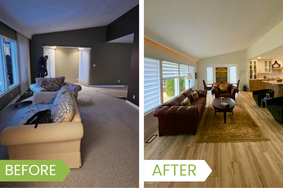 living room renovation before and after photo