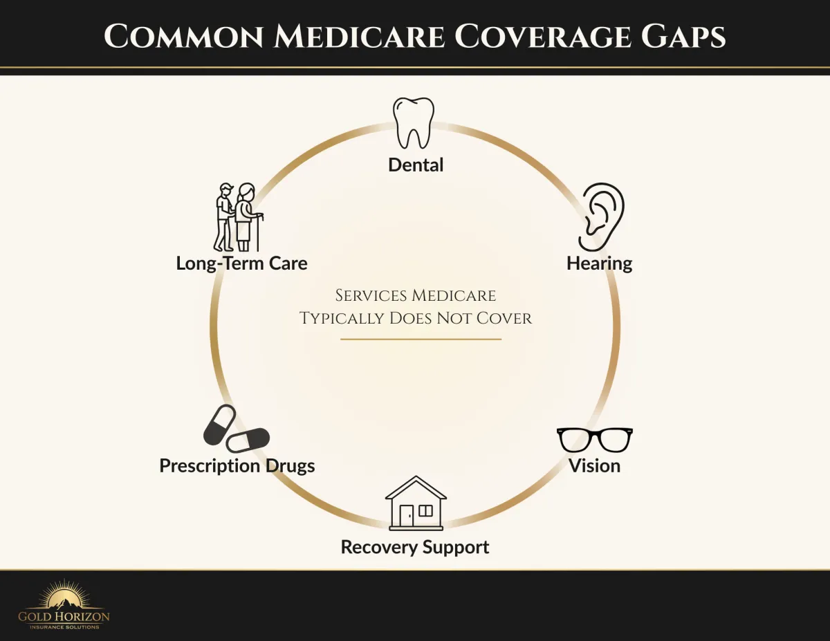 Common Medicare coverage gaps including dental, vision, hearing, long-term care, travel, and recovery support services not covered by Medicare.