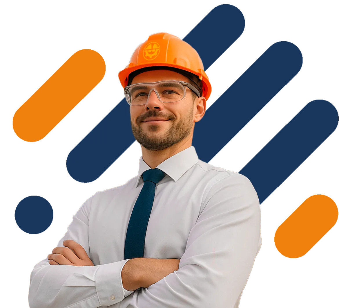 construction professional wearing a shirt, tie, glasses, and an orange safety helmet with the construction recruitment solutions logo on a background of orange and blue rounded figures