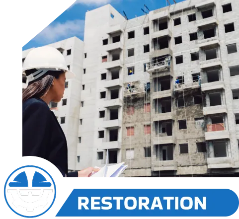 woman wearing a blazer, construction plans, and a helmet looking at a white building under renovation and the construction recruitment solutions logo in blue and white