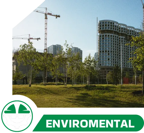 environmental project in a park with green grass and trees, with a building under construction and cranes in the background and the construction recruitment solutions logo in green and white