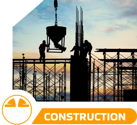 construction site with exposed rebar beams where employees stand operating a crane at sunset and the construction recruitment solutions logo in orange and white