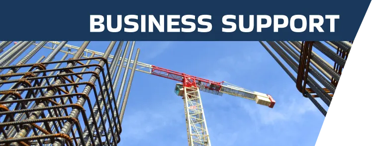 red and white construction crane with exposed rods with blue sky in the background and the title business support in dark blue
