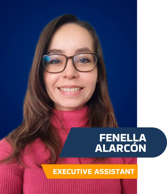 portrait of fenella alarcón with a blue background, a smiling woman wearing a pink sweater,  executive assistant at construction recruitment solutions