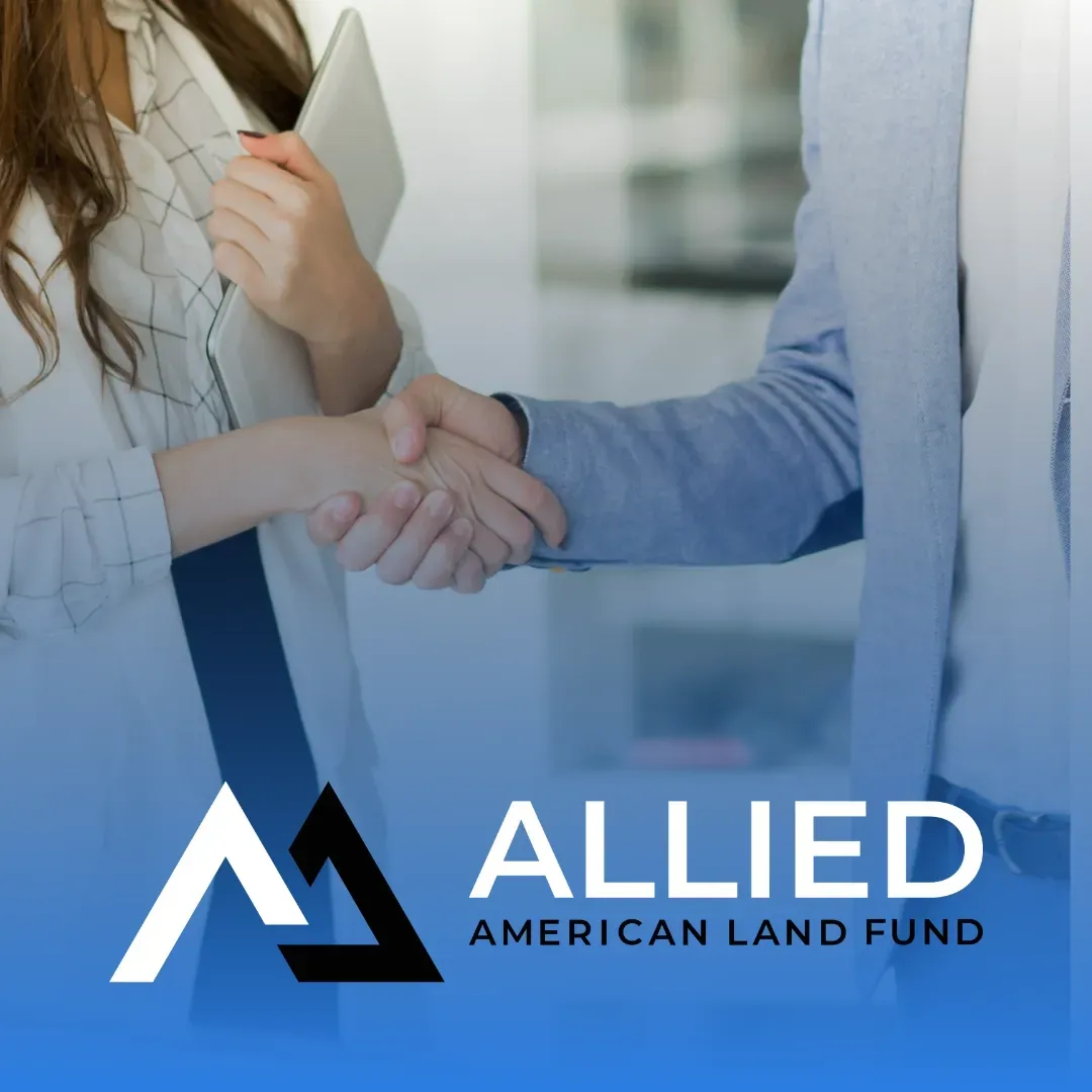 Allied American Land Fund Logo with business partners shaking hands in the background