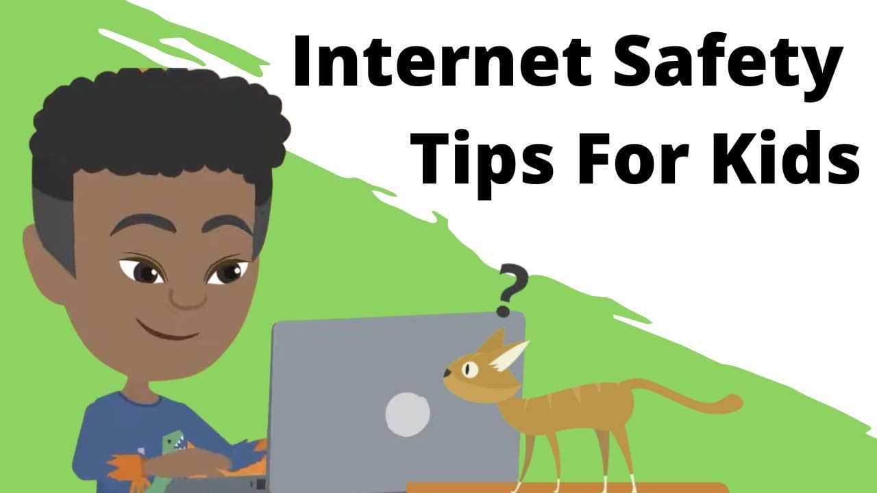 Illustrated child using a laptop while learning internet safety tips and safe online practices for kids.