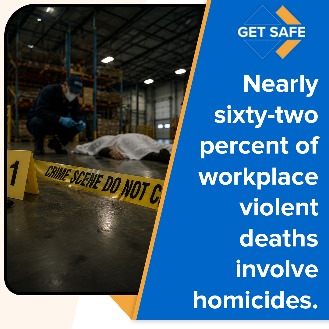 A crime scene inside a warehouse with yellow crime scene tape, evidence markers, and an investigator next to a covered body.