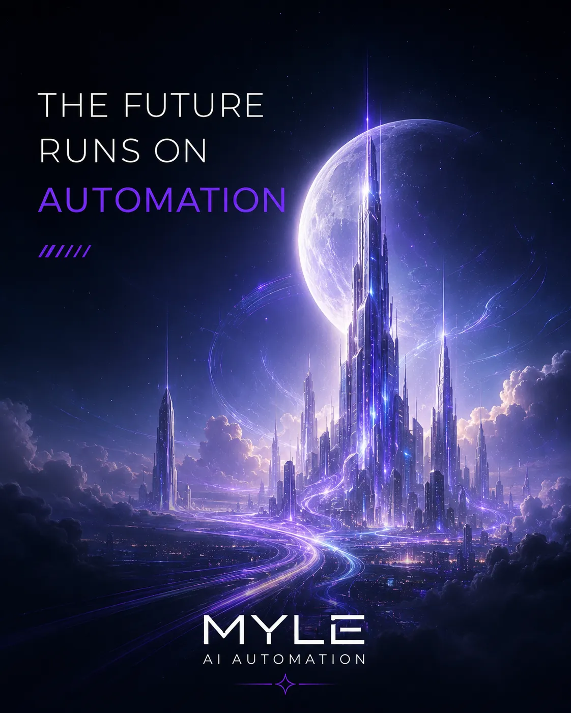 Futuristic purple AI city graphic by MYLE AI Automation