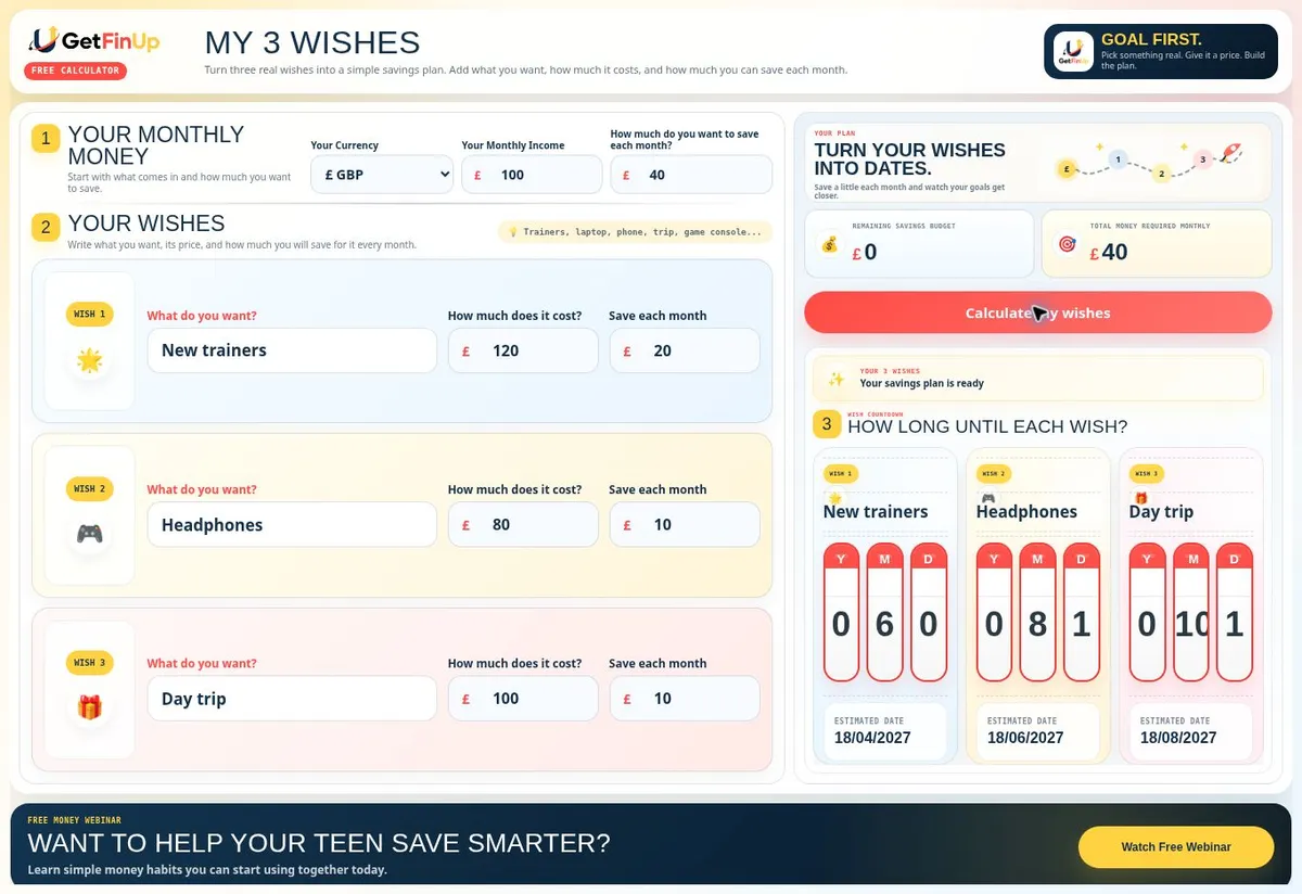 Real My 3 Wishes Calculator preview with an example savings plan