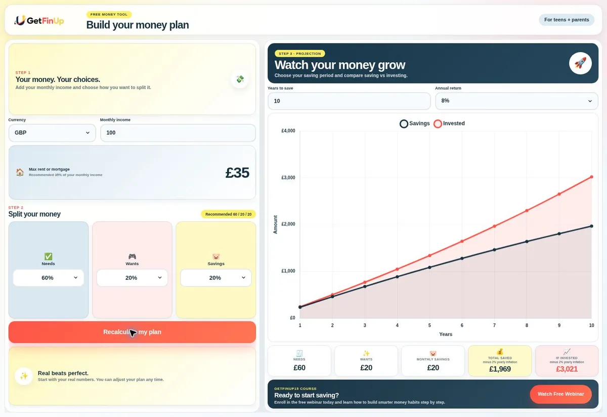 Real Budget and Saving Calculator preview with a sample monthly money plan