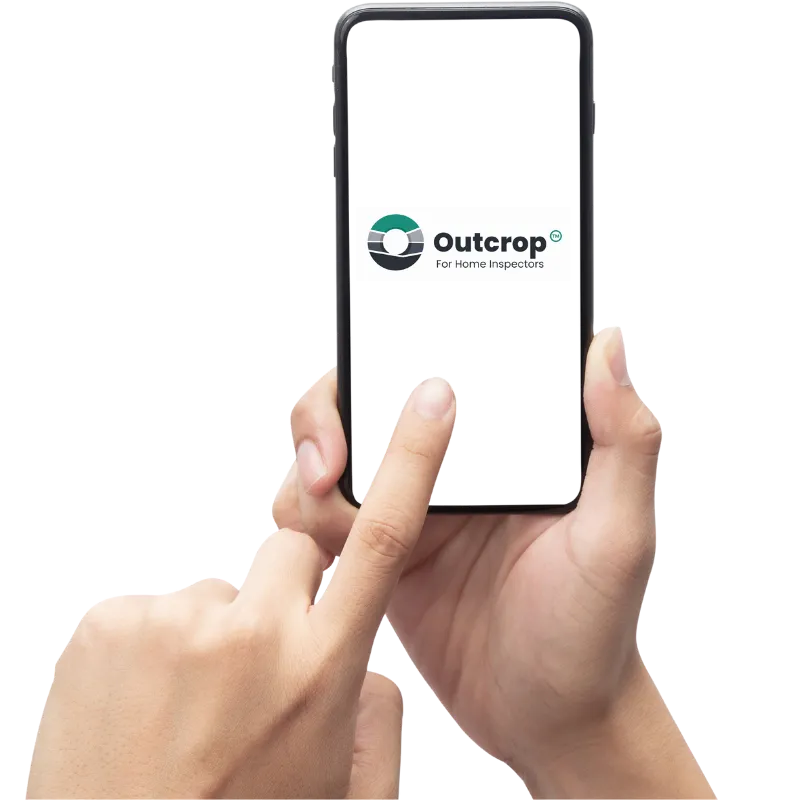 Hand holding a smartphone displaying the Outcrop logo