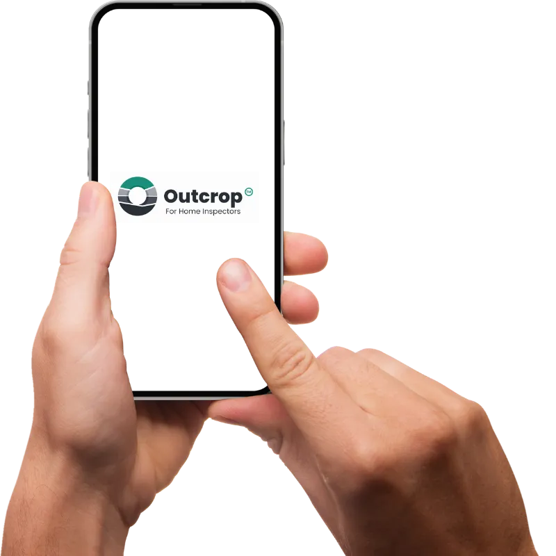 Hand holding a smartphone displaying the Outcrop logo.