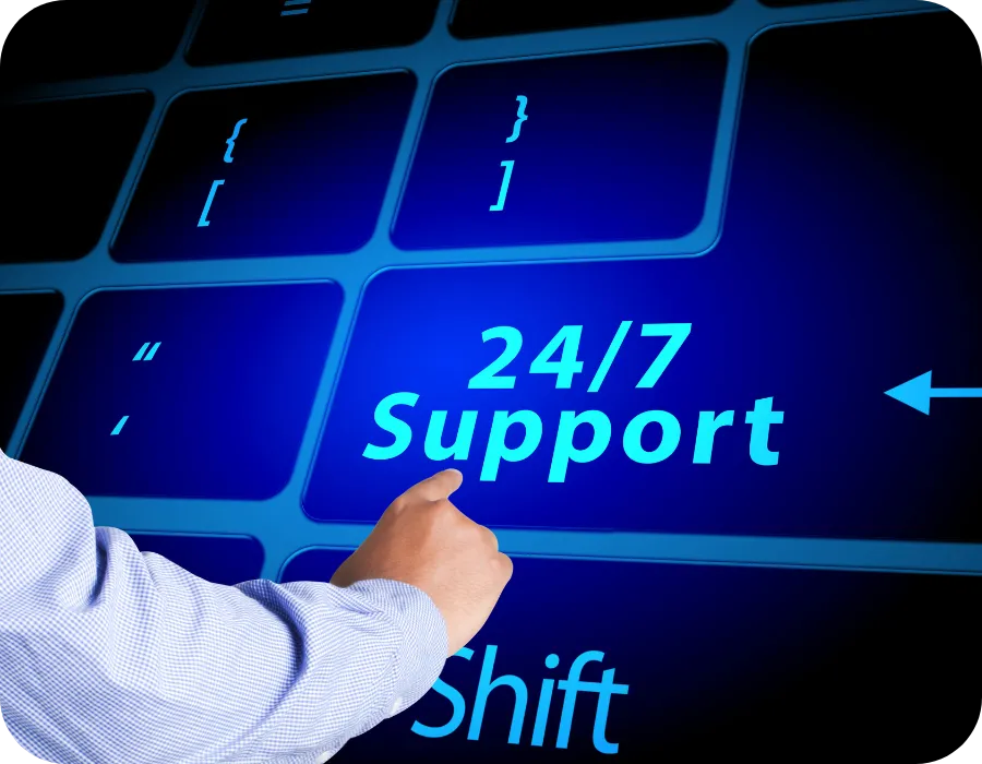 Hand pressing a keyboard key labeled ‘24/7 support