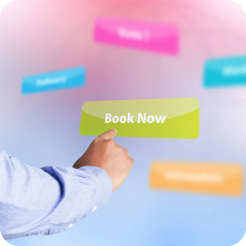 Hand pointing to a ‘Book Now’ button on a digital interface.