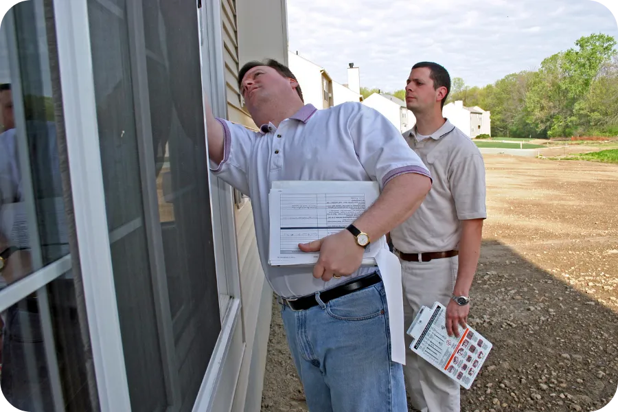 Two inspectors reviewing the exterior of a building