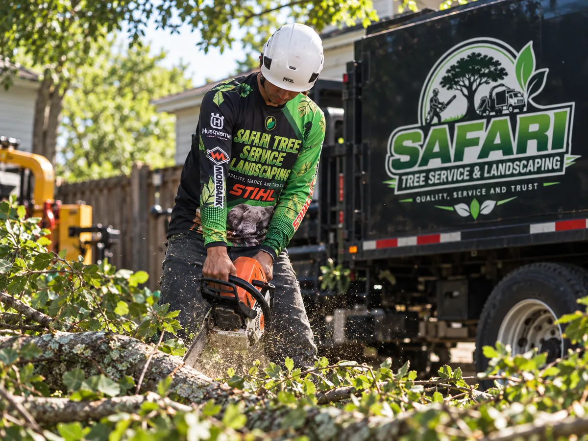 Tree removal crew and Safari truck on a job site in NJ