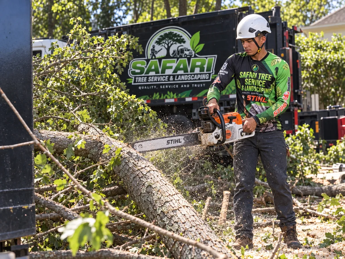 Safari Tree Service crew member cutting a large tree with branded truck in Morris County NJ