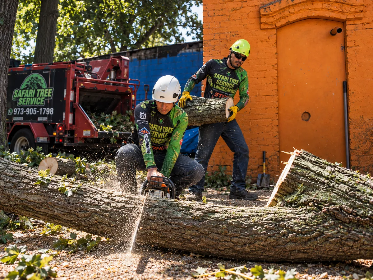 Two crew members moving a large log section during tree removal
