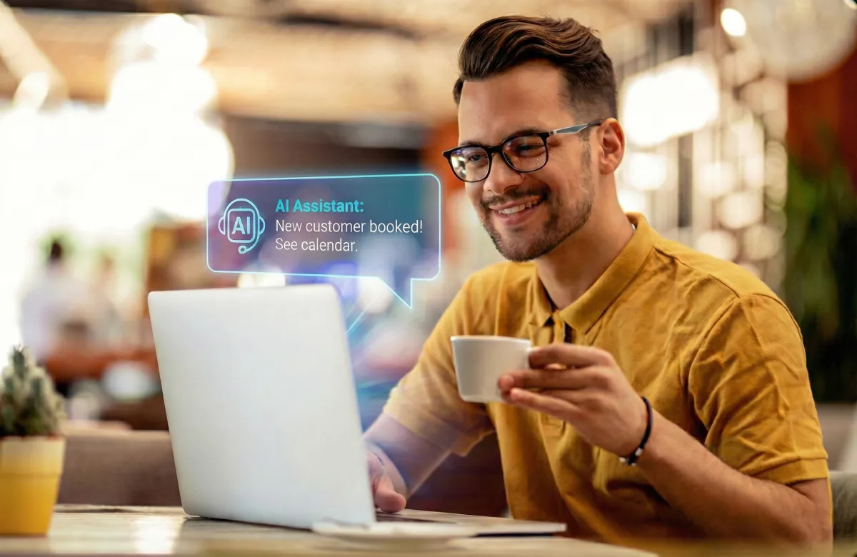 This business owner is relaxed and drinking coffee because the AI is doing the work for him.