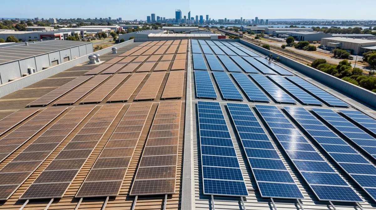 Commercial solar panel cleaning on a large industrial rooftop in Perth WA