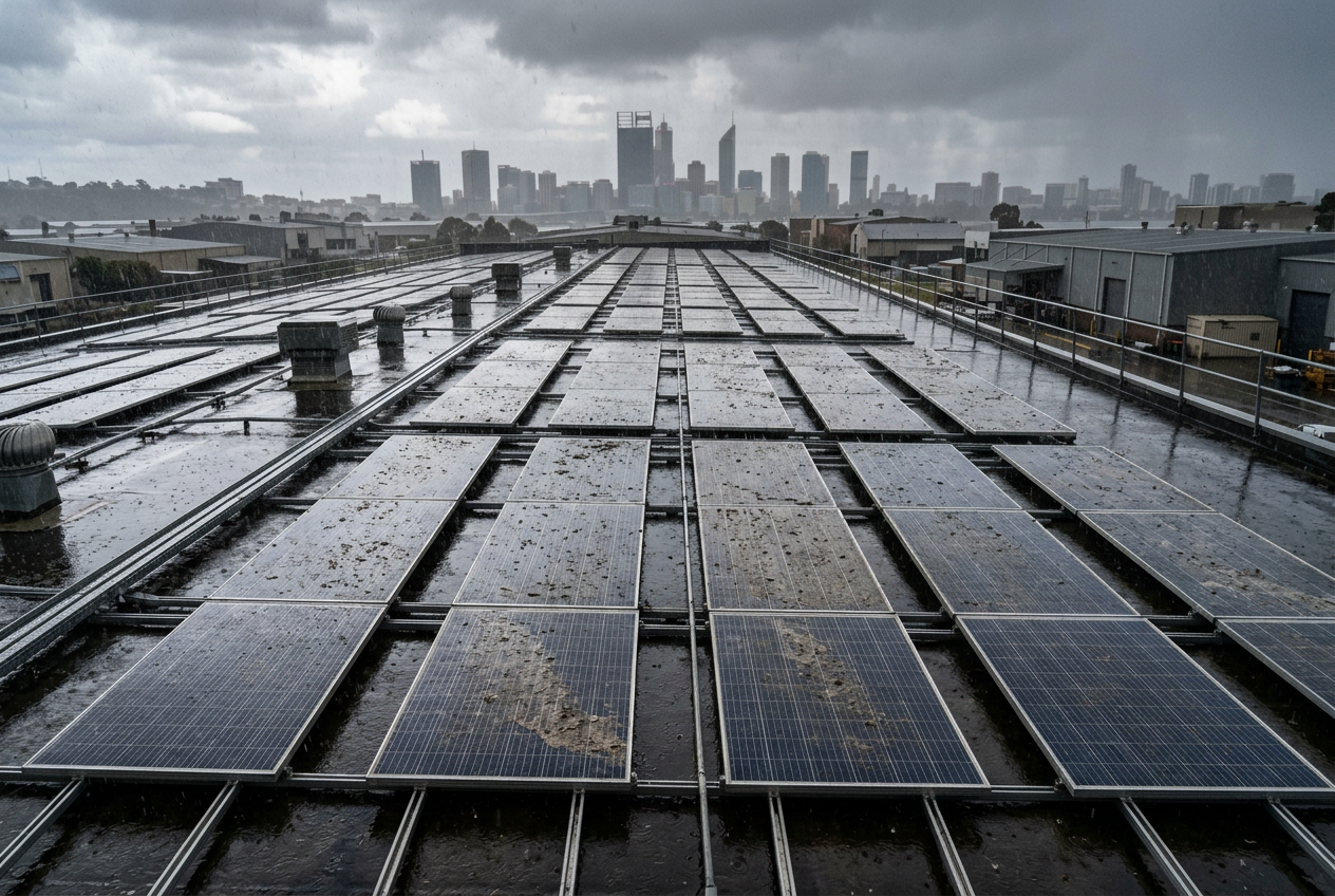 Rain over dirty commercial solar panels on a Perth business roof