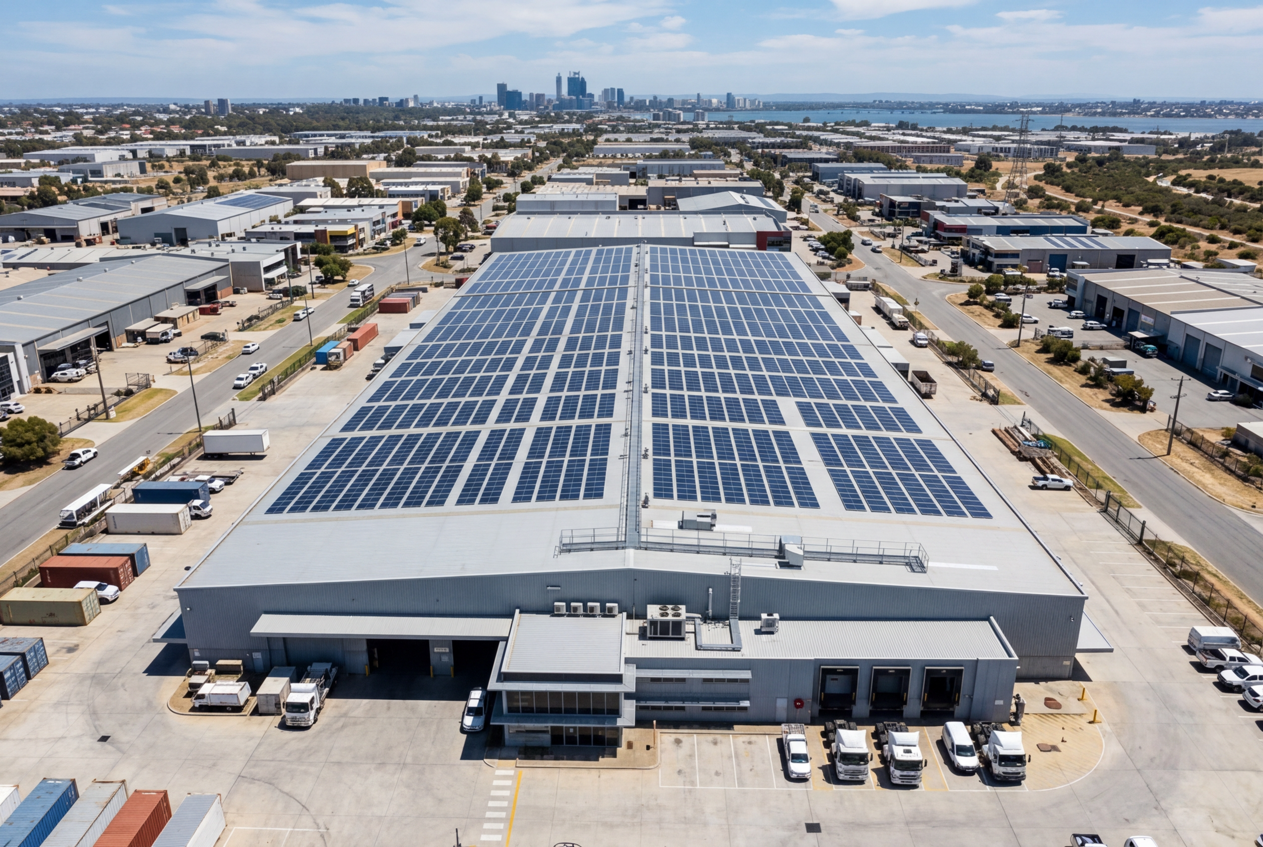 Warehouse rooftop solar panels on a Perth industrial property