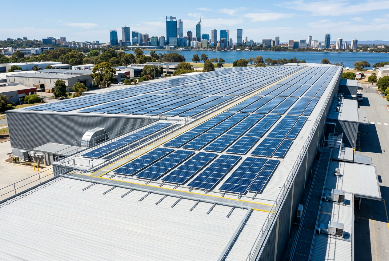 Clean commercial solar panels on a Perth business property