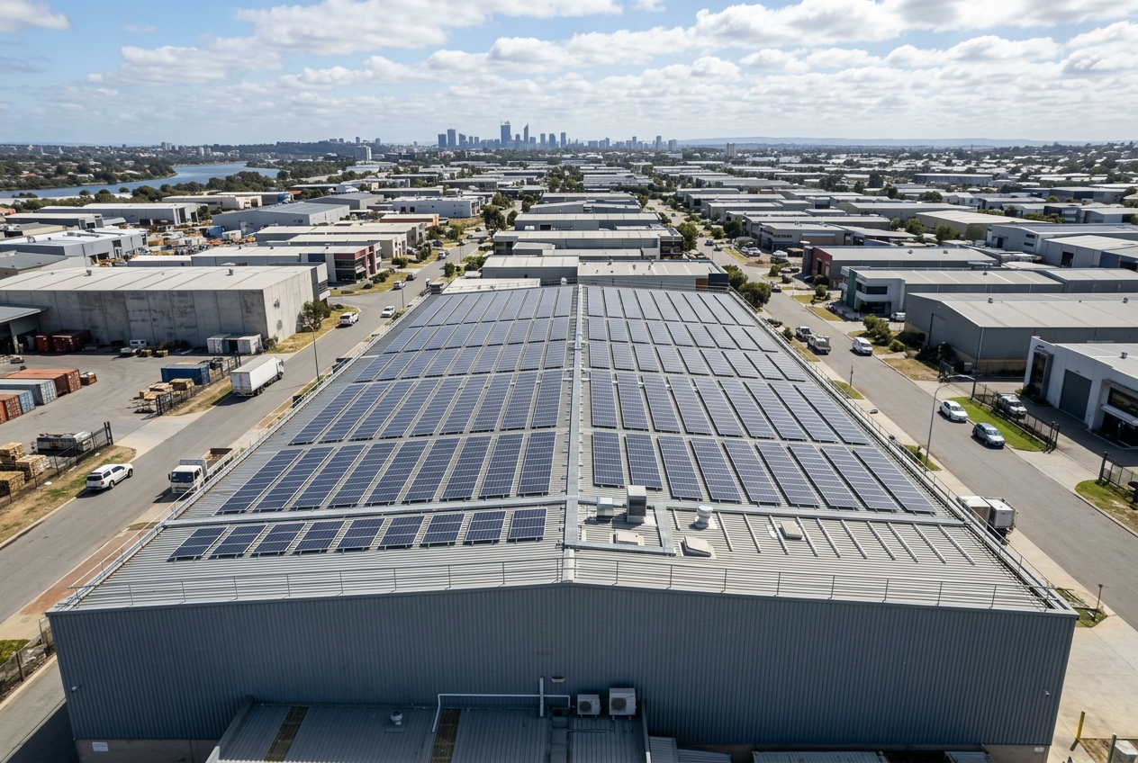 Commercial solar panels on an industrial roof in Perth