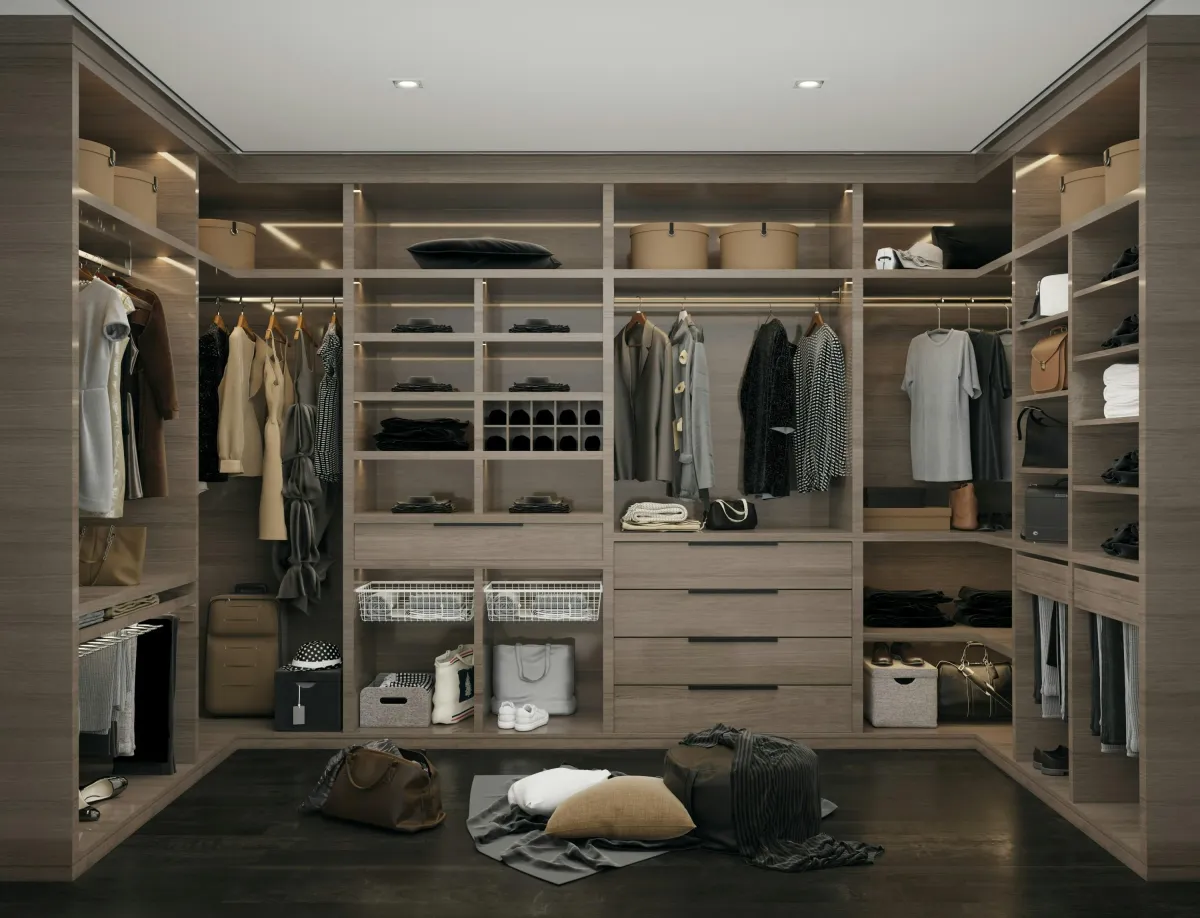 Walk in wardrobe installation in Hove with open hanging rails and shelving