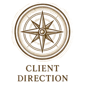 icons representing steps in the client system: compass