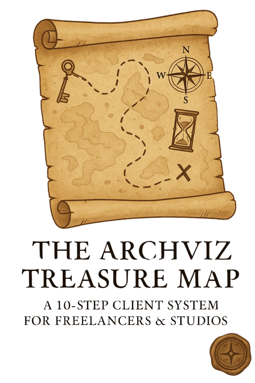 Preview of the Archviz Treasure Map – a 10-step client system flipbook designed for freelancers and studios to attract better clients and structure their sales pipeline.
