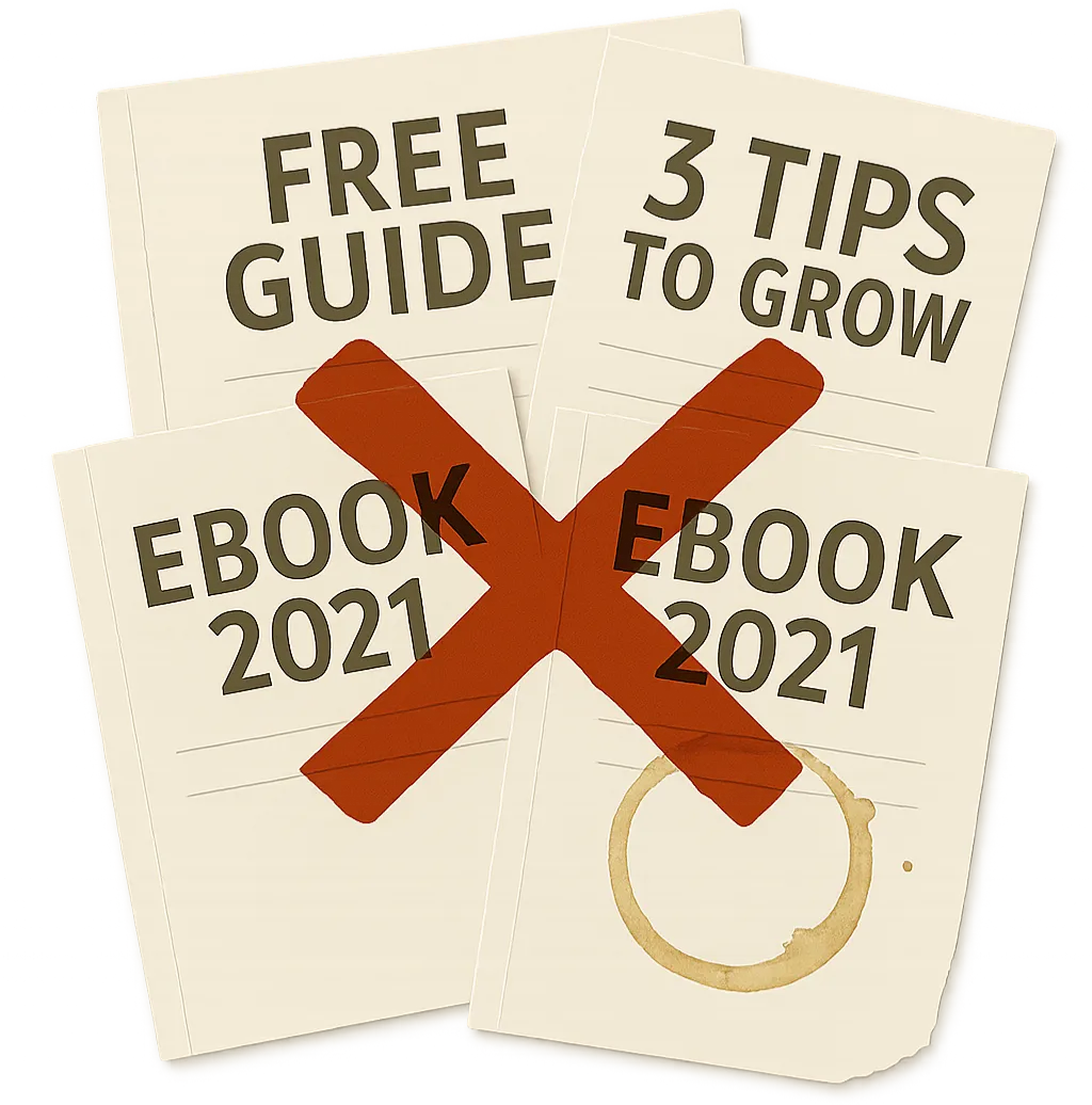 Stack of outdated PDF guides with red X, showing what the Treasure Map is not