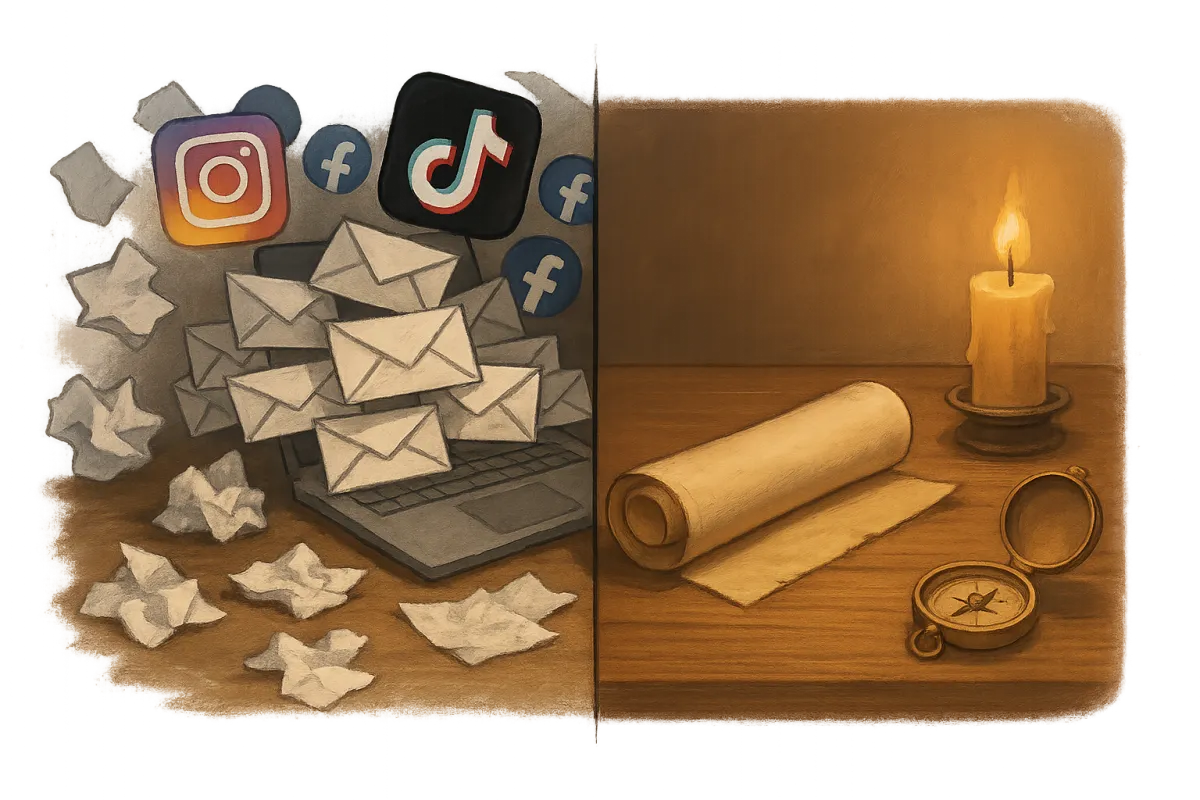 Split view showing chaos vs. clarity for Archviz freelancers — disorganized outreach tools on one side, structured client system on the other.